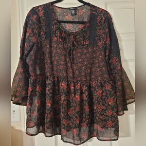 Torrid Black and Red Floral Lace Blouse